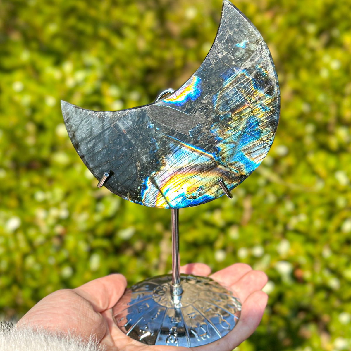 1 count "Handmade Labradorite Moon Ornament - Unique Decor with Celestial Allure" Moonstone Crystal Crystal Carvings