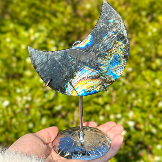 1 count "Handmade Labradorite Moon Ornament - Unique Decor with Celestial Allure" Moonstone Crystal Crystal Carvings